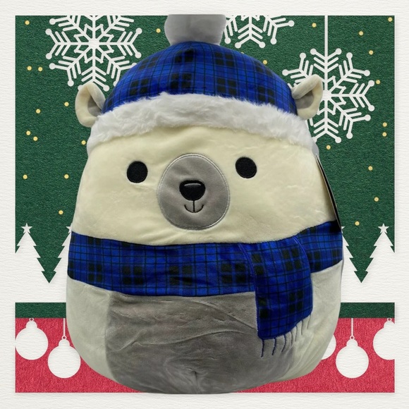 Kellytoy Other - BROOKE Polar Bear Squishmallow Christmas 2021 Winter Blue Plaid Scarf 14"